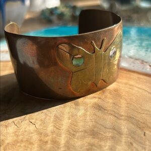 Vintage Mexican Brass & Copper Butterfly Cuff Bracelet